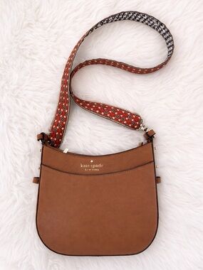 Kate Spade Leila Pebbled Leather Crossbody Brown/Gold  Embroidered strap NWOT